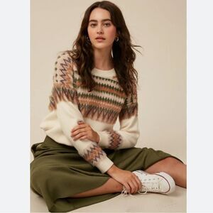 Listicle Cream Green Tan Fuzzy Fair Isle Yoke Pullover Knit Sweater